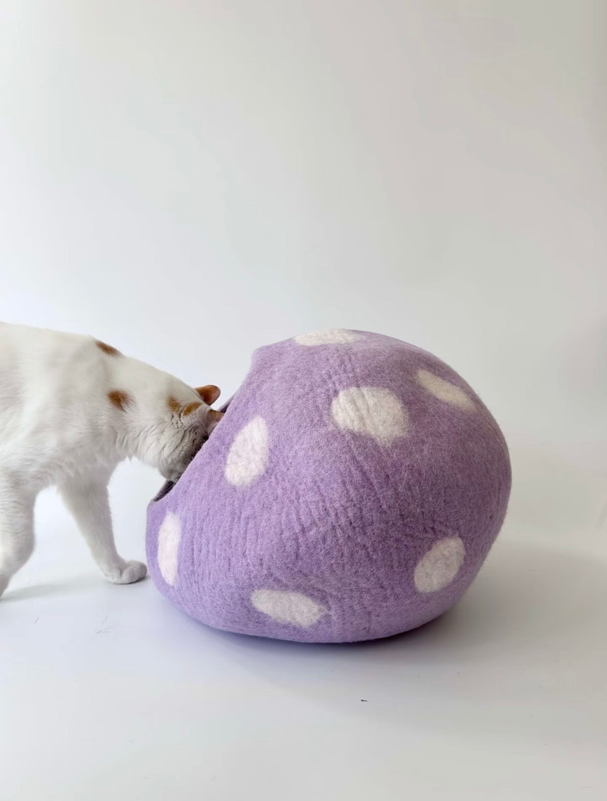Handmade Wool Felt Mushroom Cat Cave — Purple Polka Dot Cozy Cat Bed | Natural Warm Pet Hideaway for Cats & Small Dogs